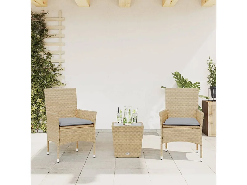 Ensemble de bistro avec coussins 3 pcs beige rotin et verre FR99174