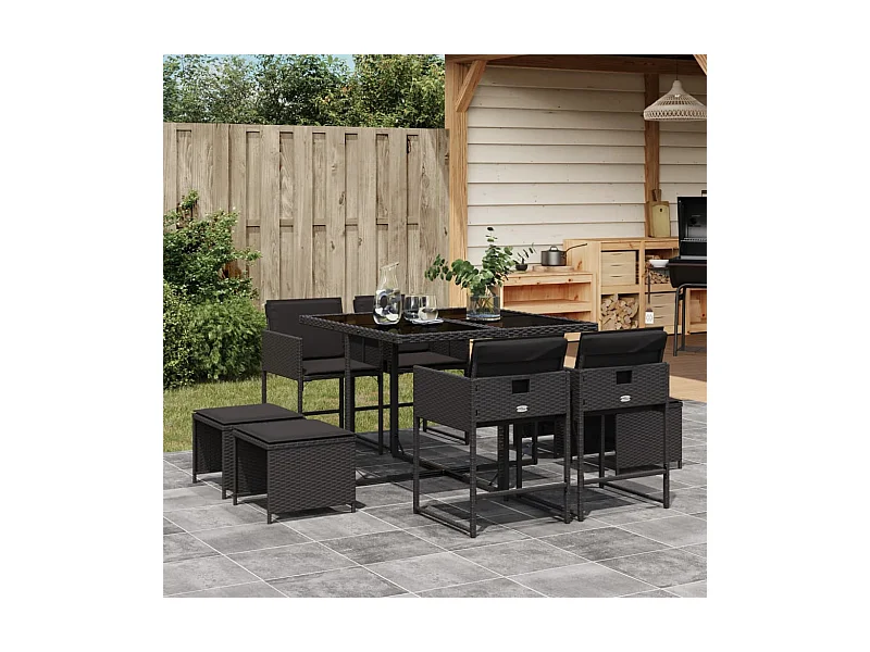 Set de comedor de jardín 9 pzas y cojines ratán sintético negro ES457661