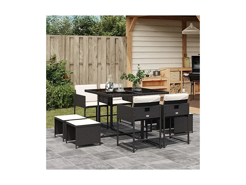 Set de comedor de jardín 9 pzas y cojines ratán sintético negro ES393081