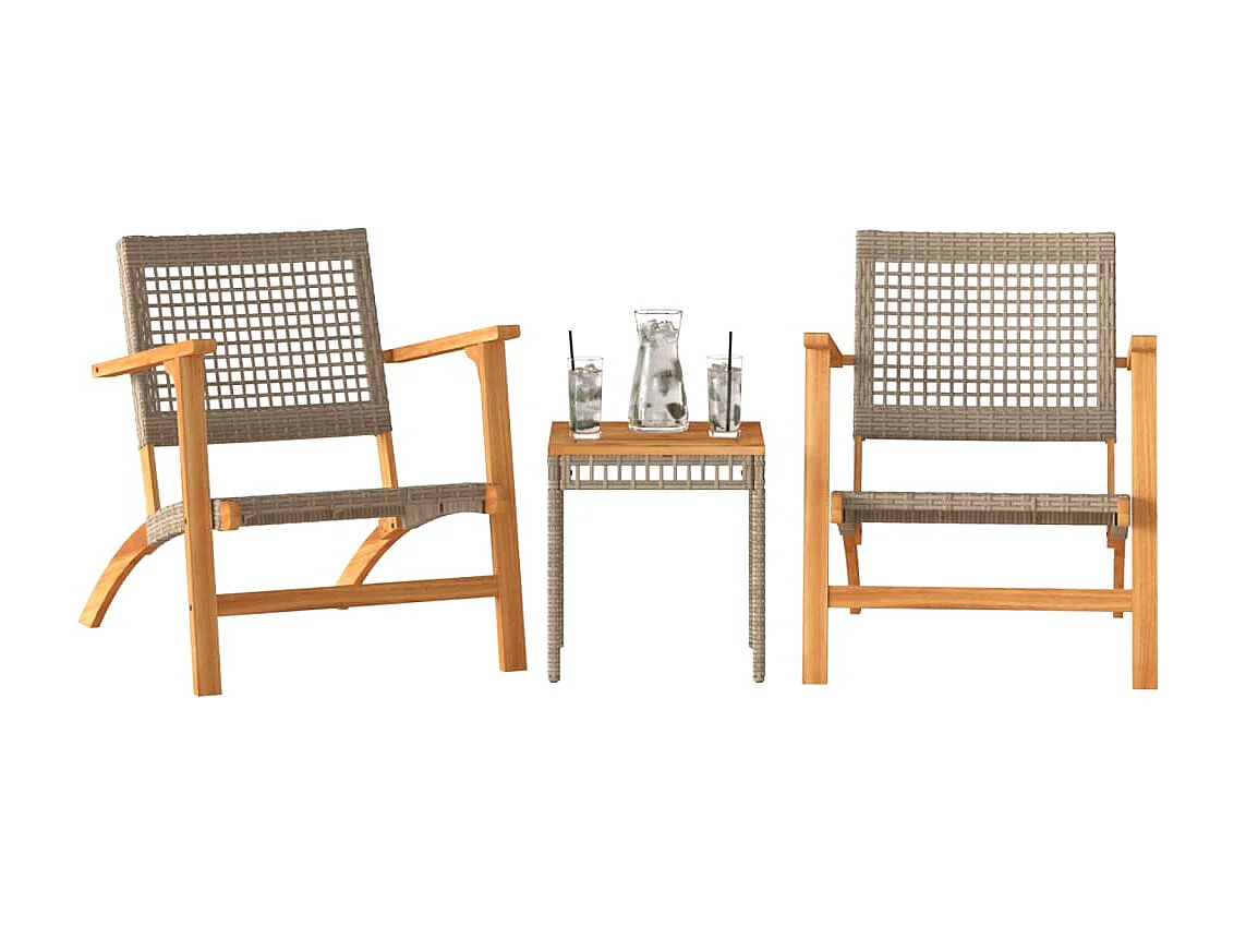 3 pcs conjunto de bistrô vime PE/madeira de acácia maciça bege PT164508