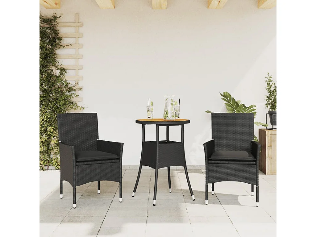 Ensemble à manger de jardin et coussins 3 pcs noir rotin acacia FR76728