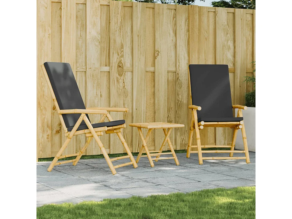Ensemble de bistro pliante 3 pcs et coussins gris foncé bambou FR80713