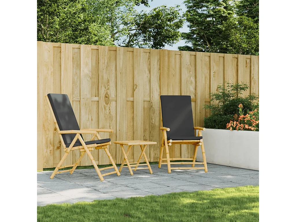 Ensemble de bistro pliante 3 pcs et coussins gris foncé bambou FR80713