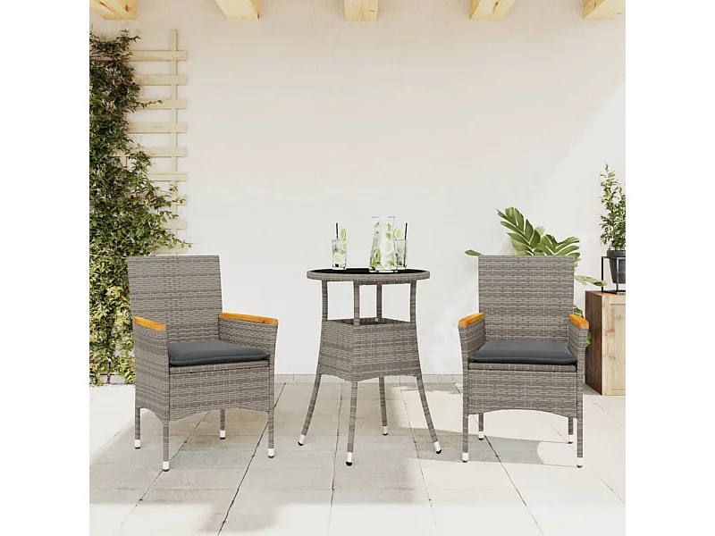 Ensemble à manger de jardin et coussins 3 pcs gris rotin verre FR35969
