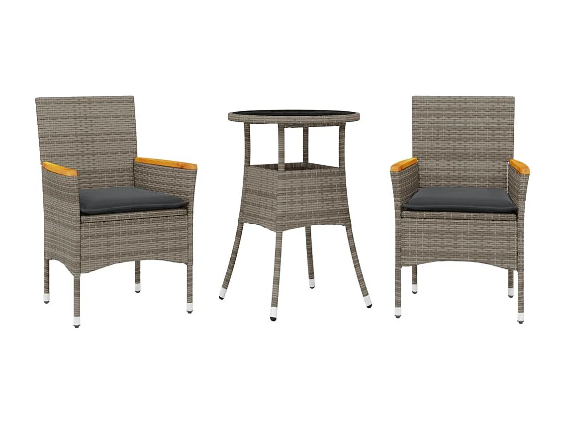 Set comedor jardín 3 pzas y cojines ratán sintético vidrio gris ES631127