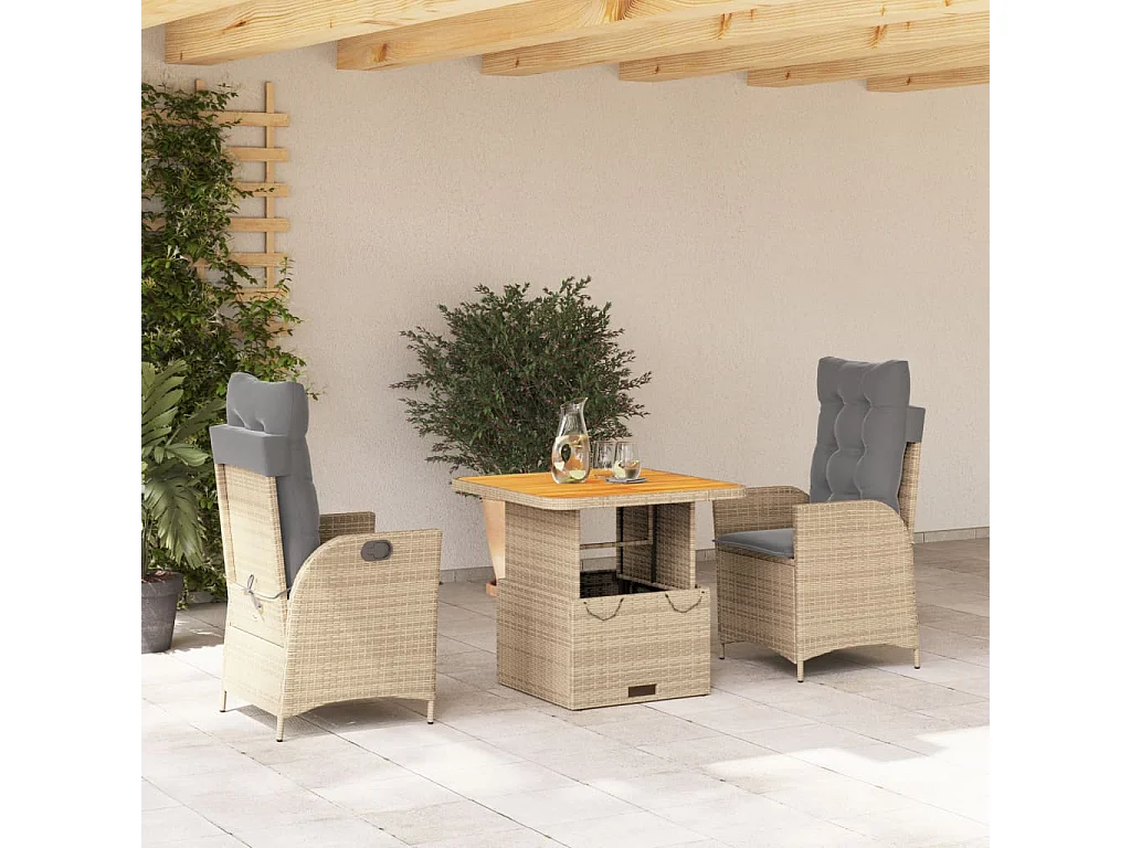 3 pcs conjunto de jantar p/ jardim com almofadões vime PE bege PT879350