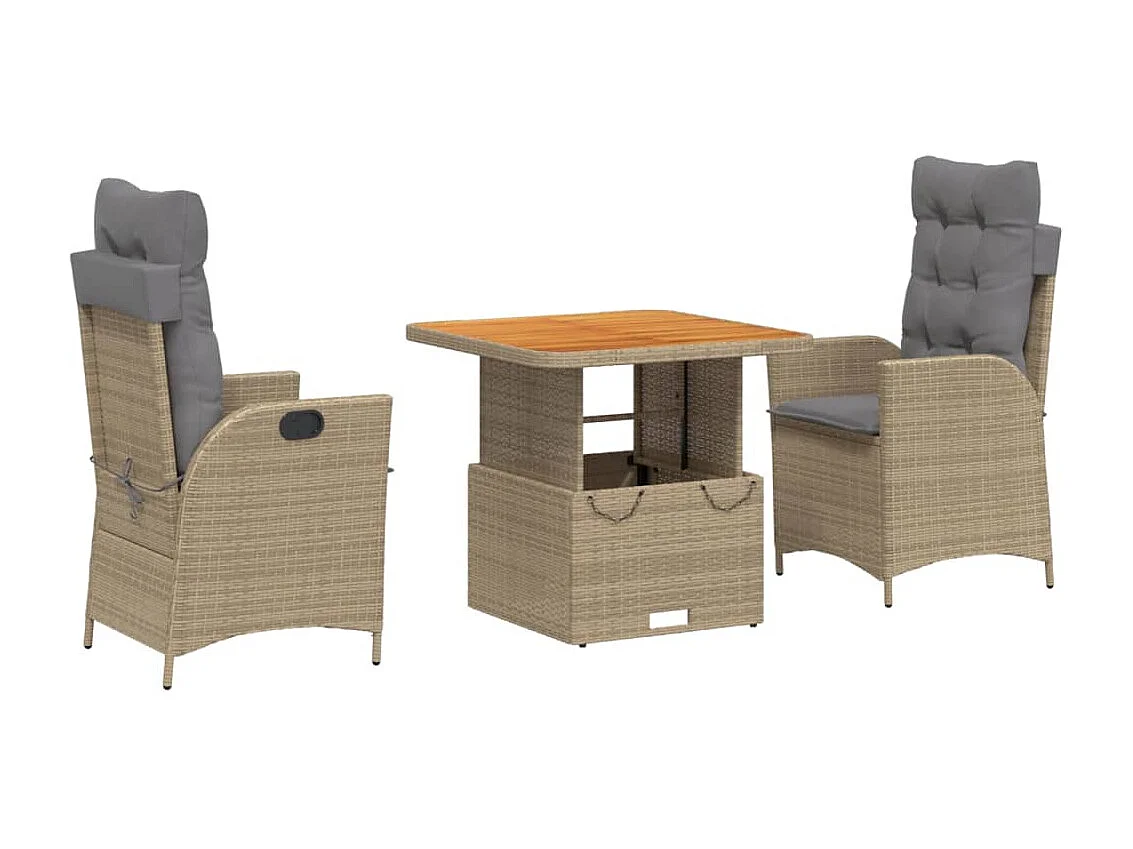 3 pcs conjunto de jantar p/ jardim com almofadões vime PE bege PT879350