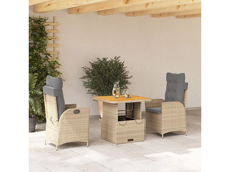 3 pcs conjunto de jantar p/ jardim com almofadões vime PE bege PT879350