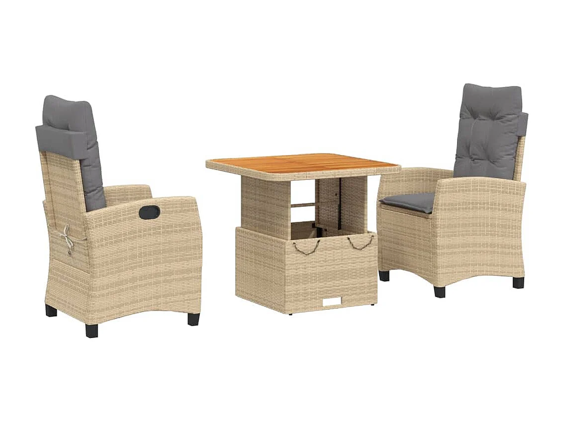 3 pcs conjunto de jantar p/ jardim com almofadões vime PE bege PT768694