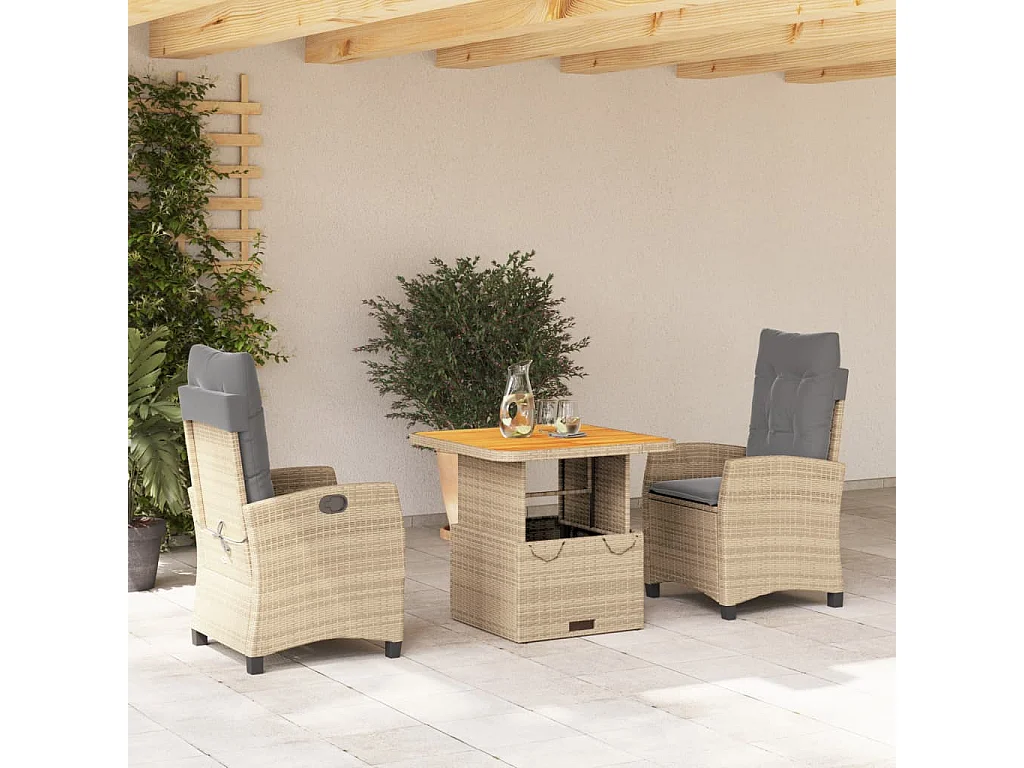 3 pcs conjunto de jantar p/ jardim com almofadões vime PE bege PT768694