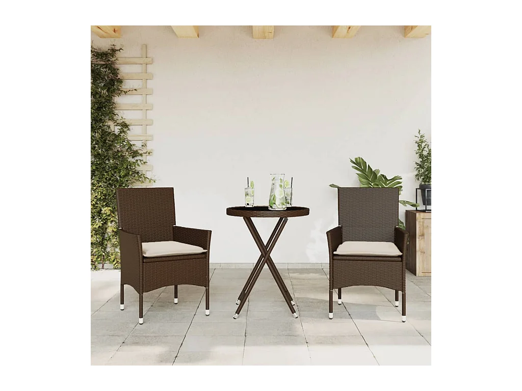 Ensemble de bistro avec coussins 3 pcs marron rotin et verre FR75362