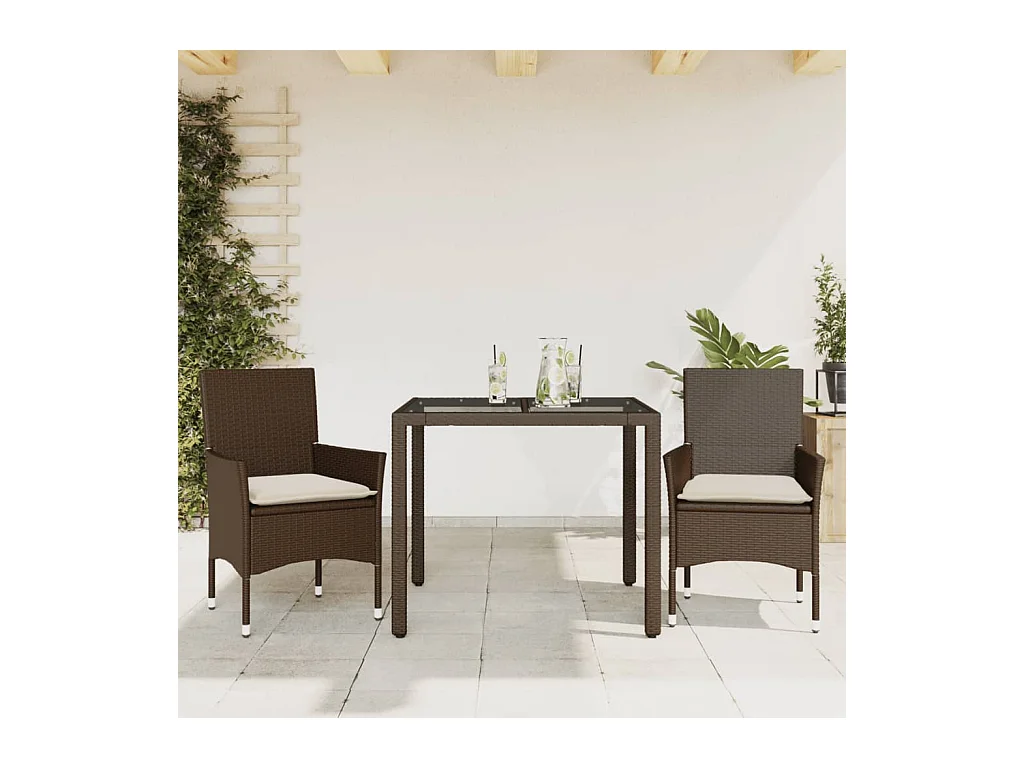 Ensemble à manger de jardin et coussins 3pcs marron rotin verre FR56583