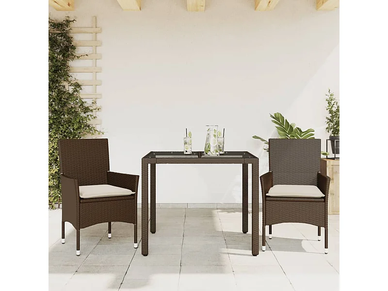 Ensemble à manger de jardin et coussins 3pcs marron rotin verre FR56583