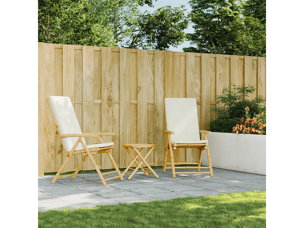 Ensemble de bistro pliante 3 pcs et coussins blanc crème bambou FR30808