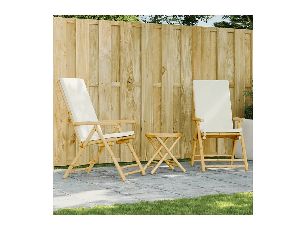 Juego bistró plegable de bambú 3 pzas con cojines blanco crema ES278138