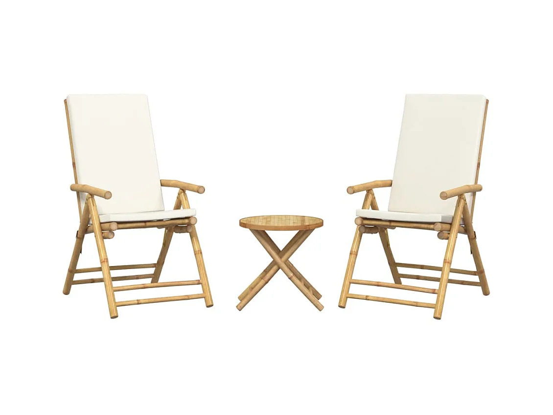 Juego bistró plegable de bambú 3 pzas con cojines blanco crema ES278138