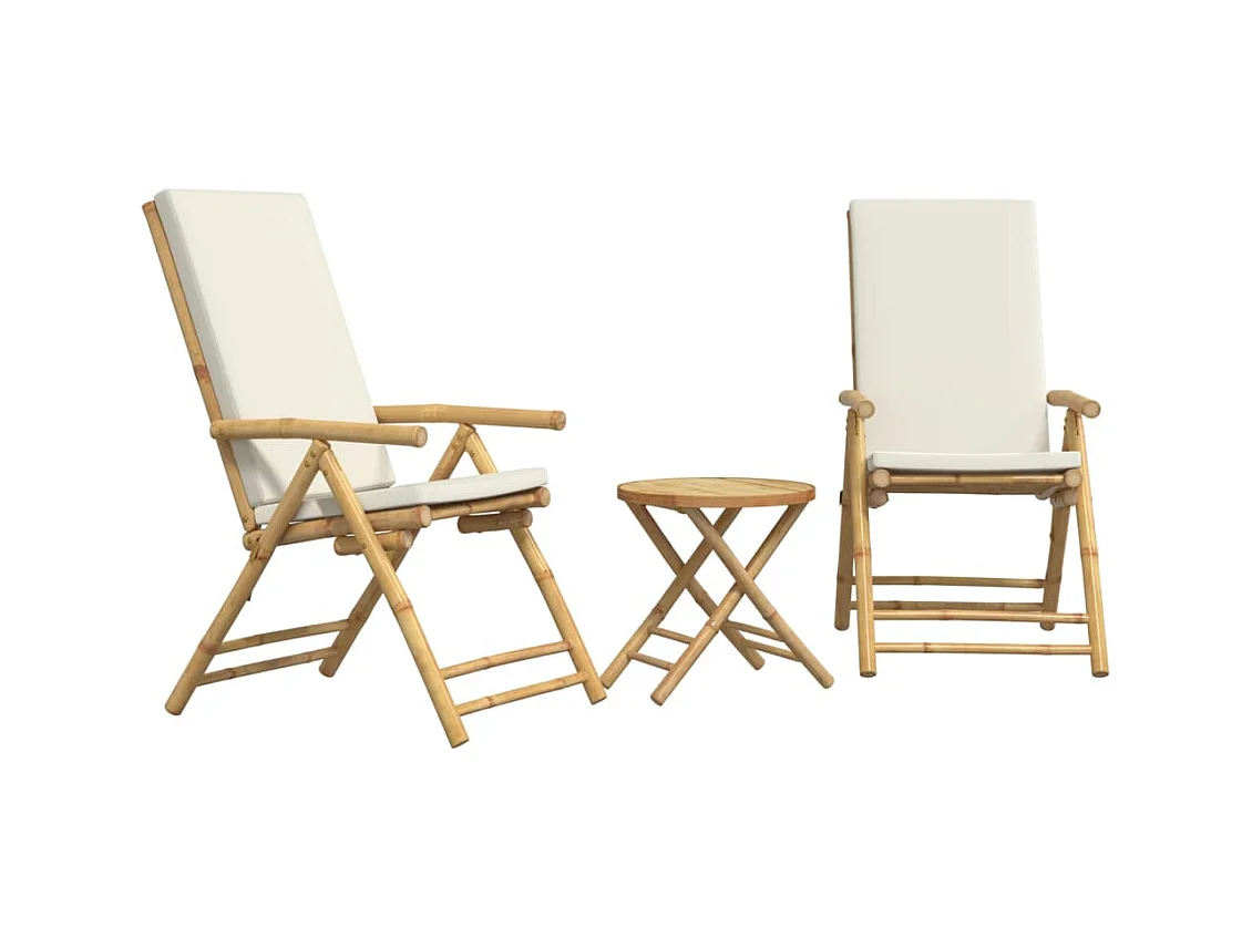 Juego bistró plegable de bambú 3 pzas con cojines blanco crema ES278138