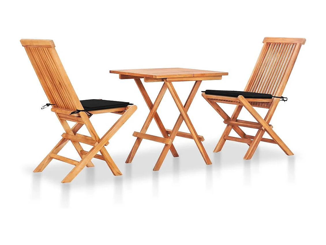 Ensemble de bistro 3 pcs avec coussins noir Bois de teck massif FR17032