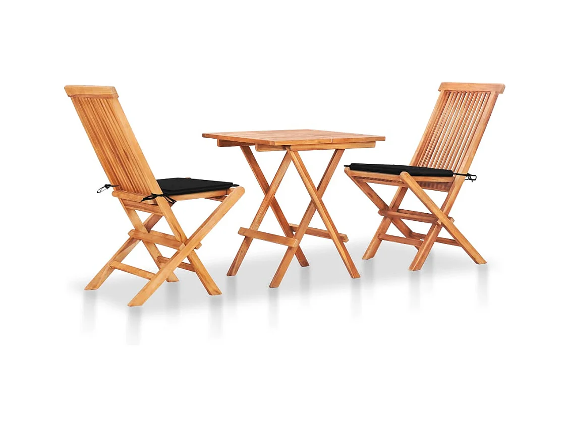 Ensemble de bistro 3 pcs avec coussins noir Bois de teck massif FR17032