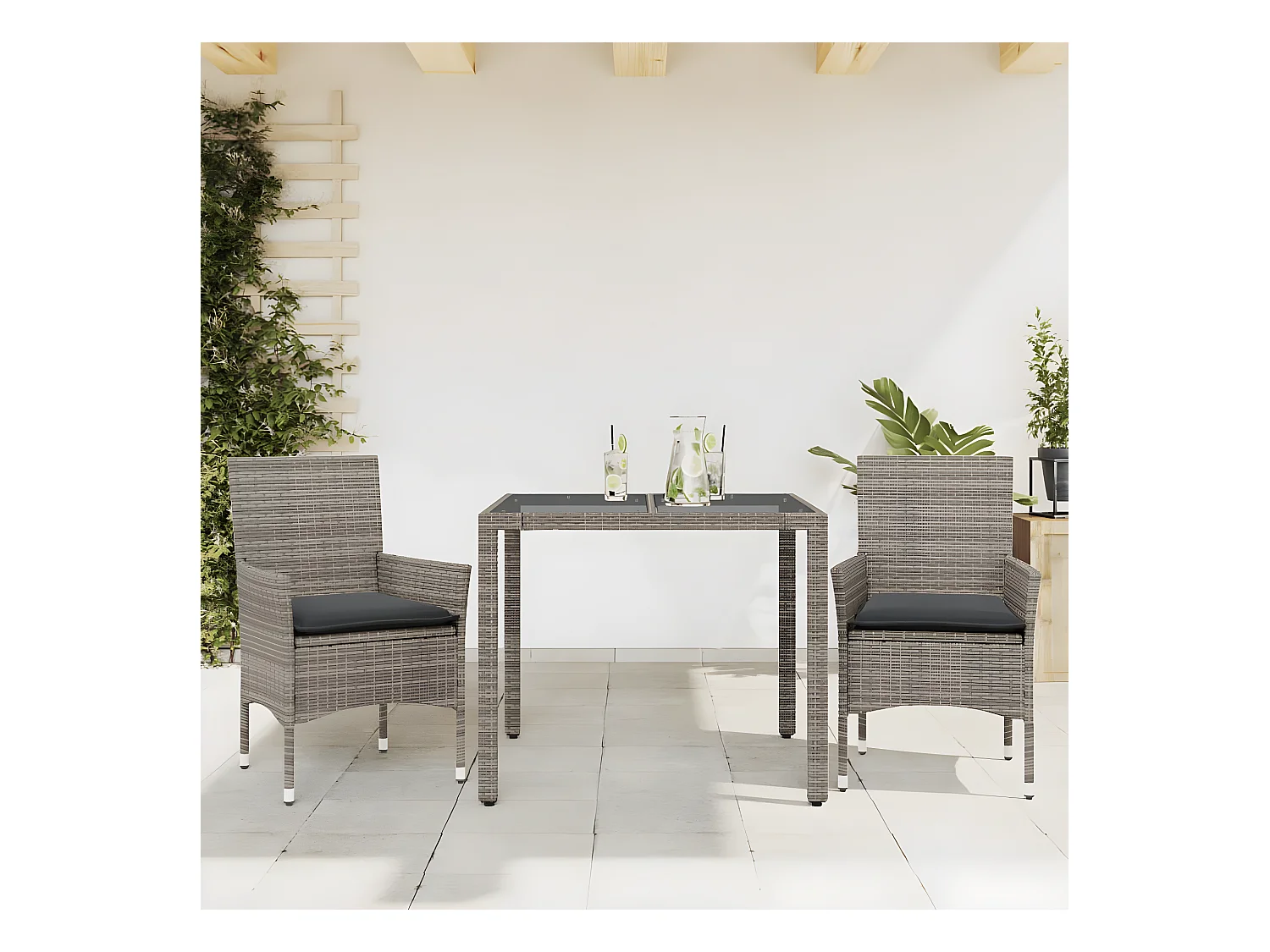 Ensemble à manger de jardin et coussins 3 pcs gris rotin verre FR85198