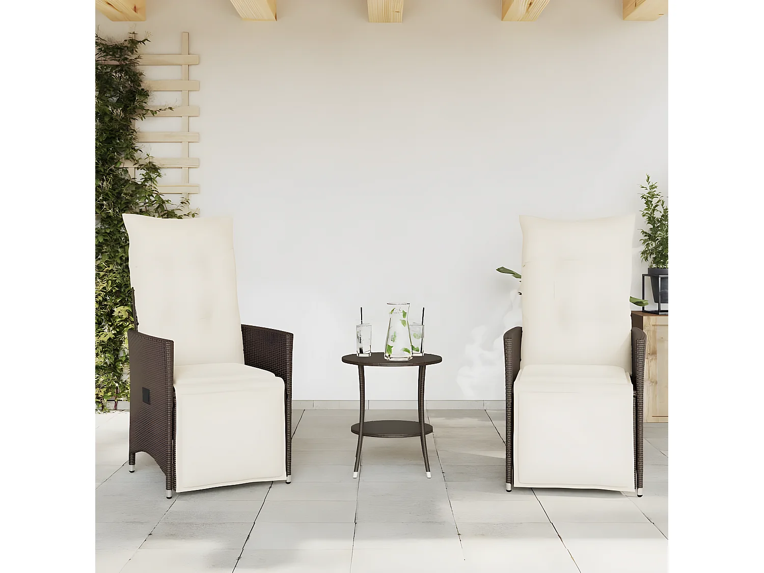 3 pcs conjunto bistrô com almofadões vime PE castanho PT777860