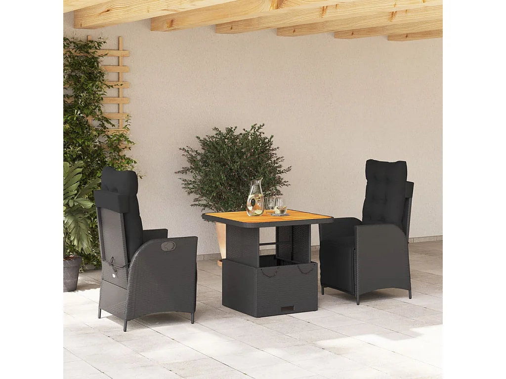 3 pcs conjunto de jantar p/ jardim c/ almofadões vime PE preto PT857227