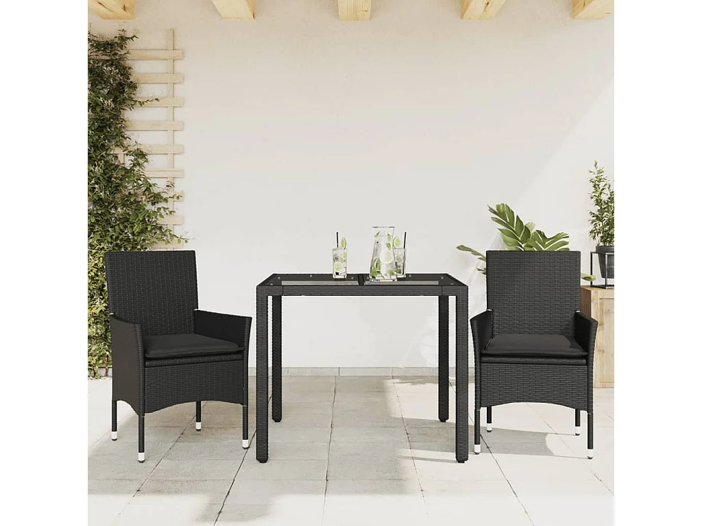 3 pcs conjunto jantar jardim c/ almofadões vime PE/vidro preto PT819534