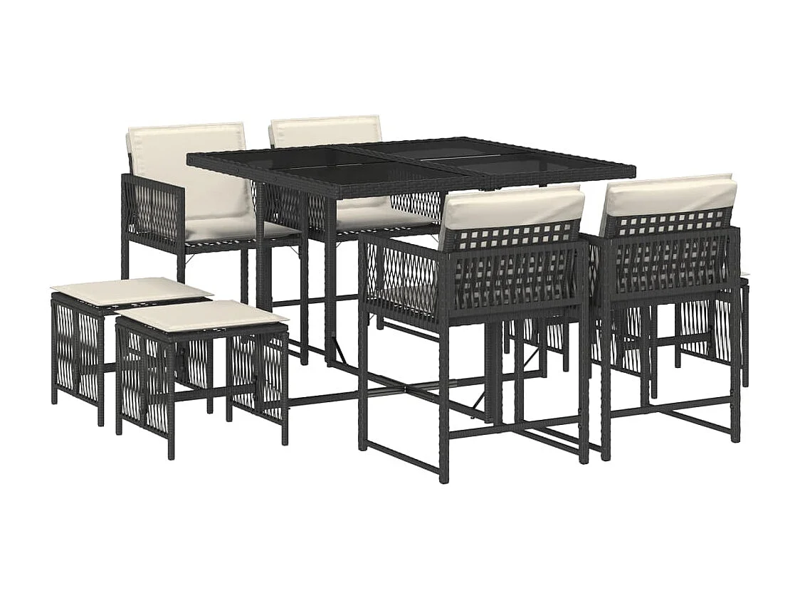 Ensemble à manger de jardin 9pcs coussins noir résine tressée FR24756