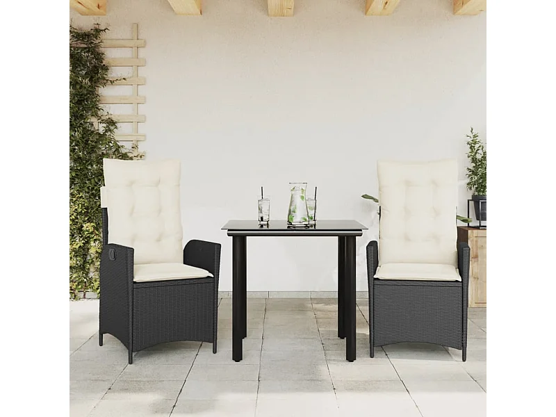 3 pcs conjunto de jantar p/ jardim c/ almofadões vime PE preto PT627393