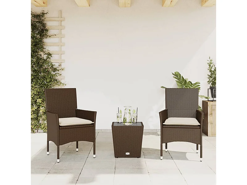 Ensemble de bistro avec coussins 3 pcs marron rotin et verre FR26392