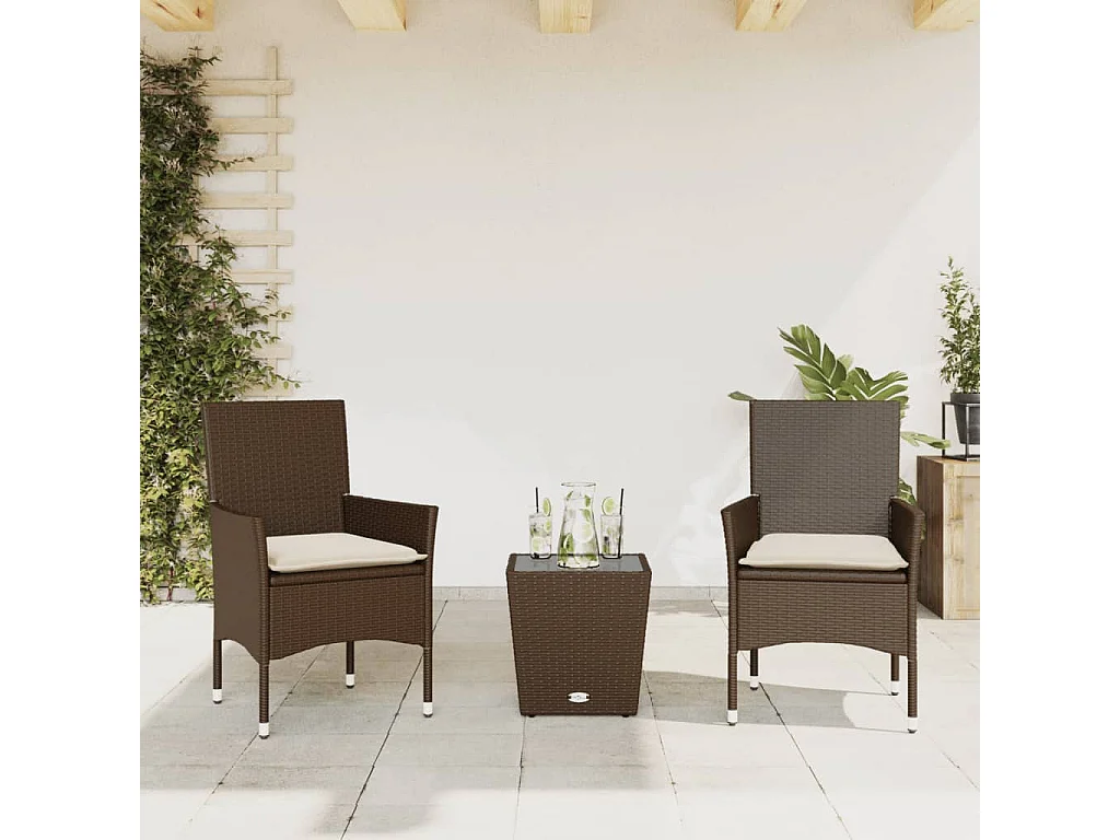 Ensemble de bistro avec coussins 3 pcs marron rotin et verre FR26392