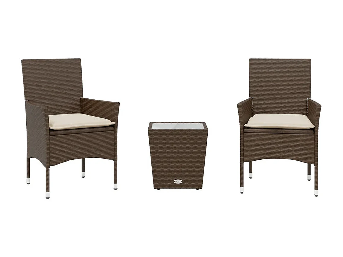 Ensemble de bistro avec coussins 3 pcs marron rotin et verre FR26392