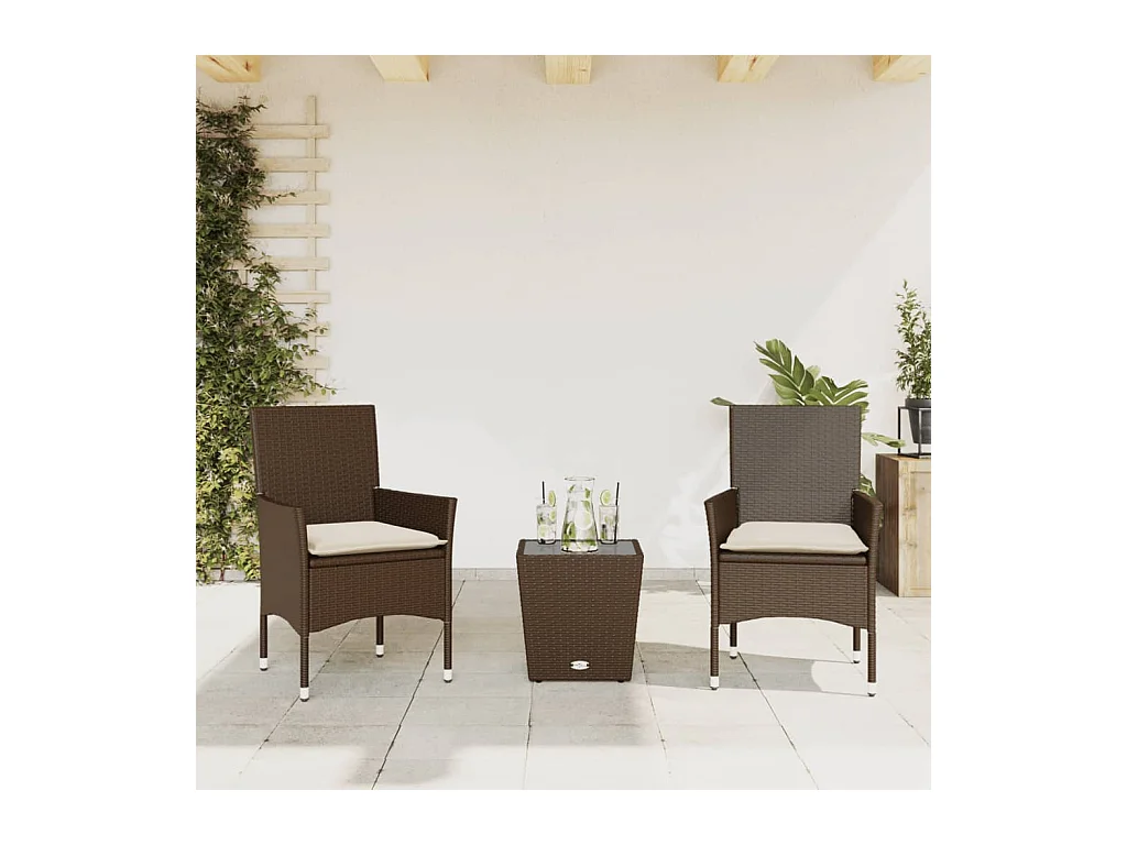 Ensemble de bistro avec coussins 3 pcs marron rotin et verre FR26392