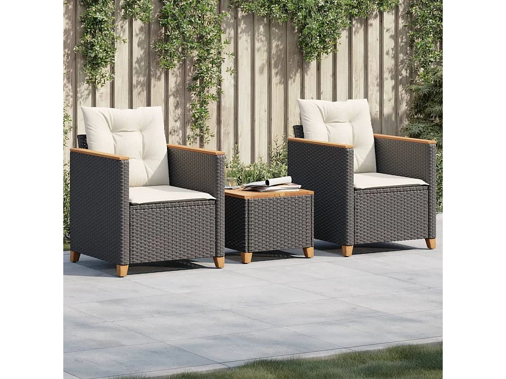 Ensemble de bistro 3 pcs et coussins noir résine tressée acacia FR44447