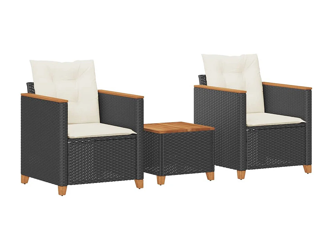 Ensemble de bistro 3 pcs et coussins noir résine tressée acacia FR44447