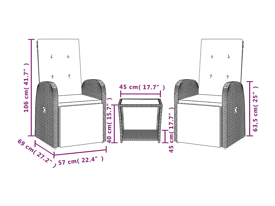 3 pcs conjunto de jantar p/ jardim c/ almofadões vime PE cinza PT121881