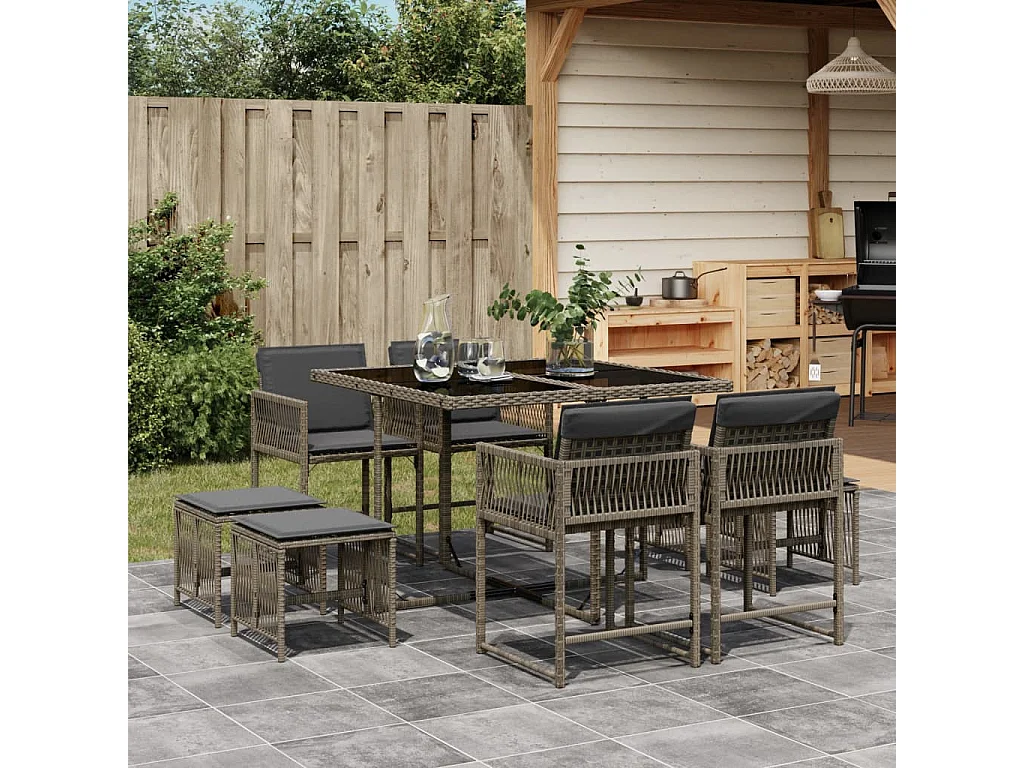 Ensemble à manger de jardin 9 pcs coussins gris résine tressée FR91107