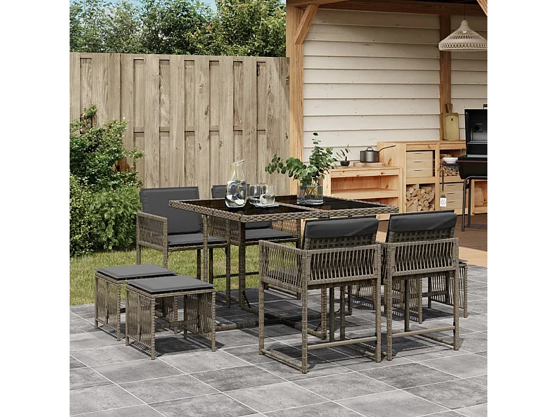 Ensemble à manger de jardin 9 pcs coussins gris résine tressée FR91107