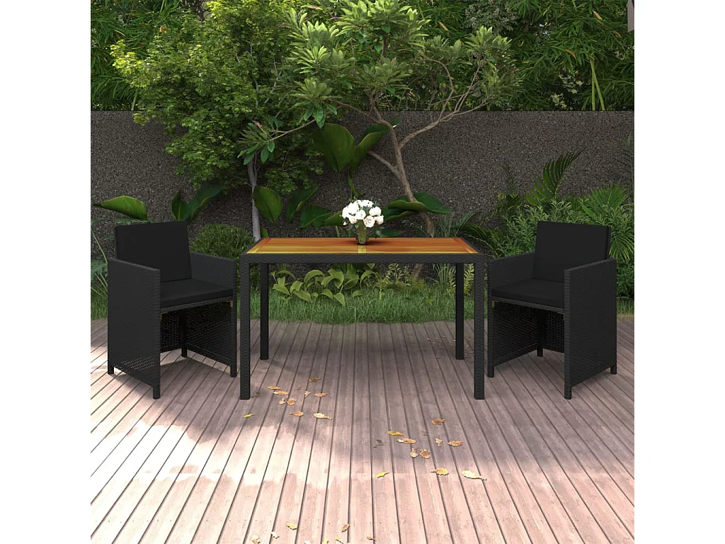 Ensemble à manger de jardin avec coussins 3 pcs poly rotin noir FR27016