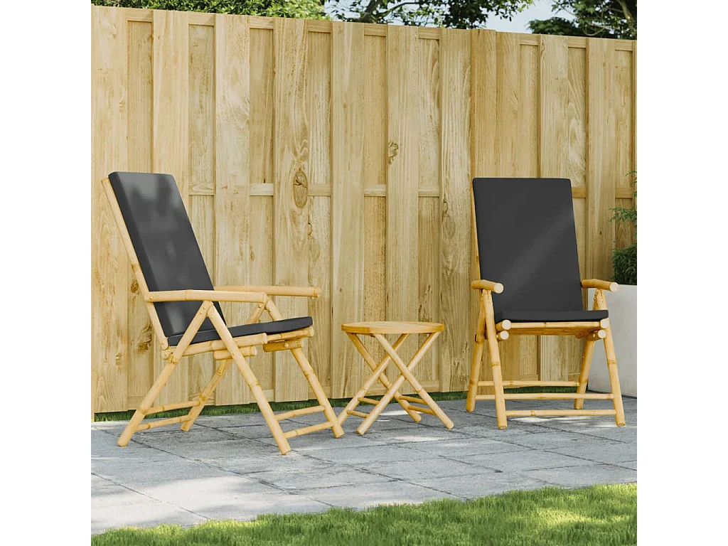 Ensemble de bistro pliante 3 pcs et coussins gris foncé bambou FR48911