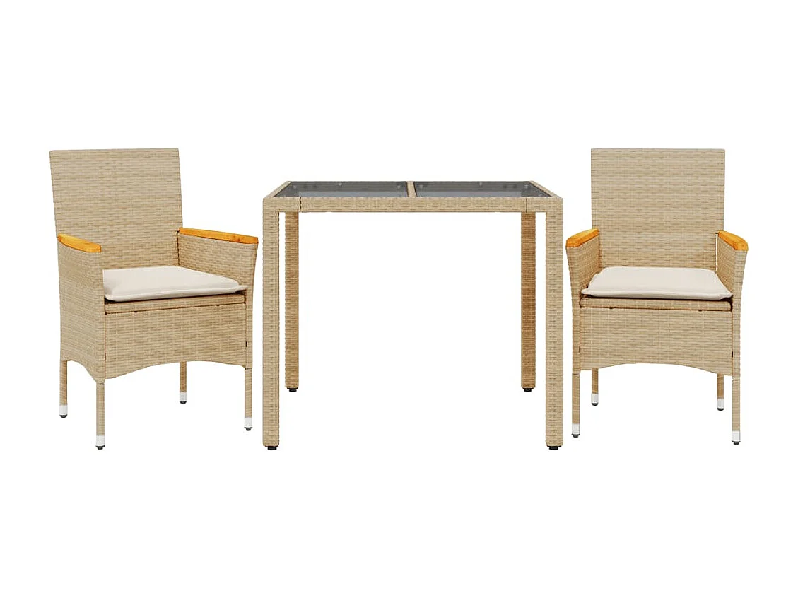 3-delige Tuinset met kussens poly rattan en glas beige BE615173