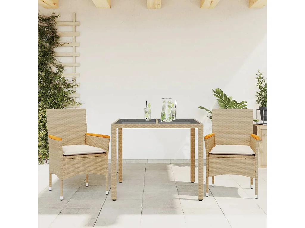Ensemble à manger de jardin et coussins 3 pcs beige rotin verre FR31269