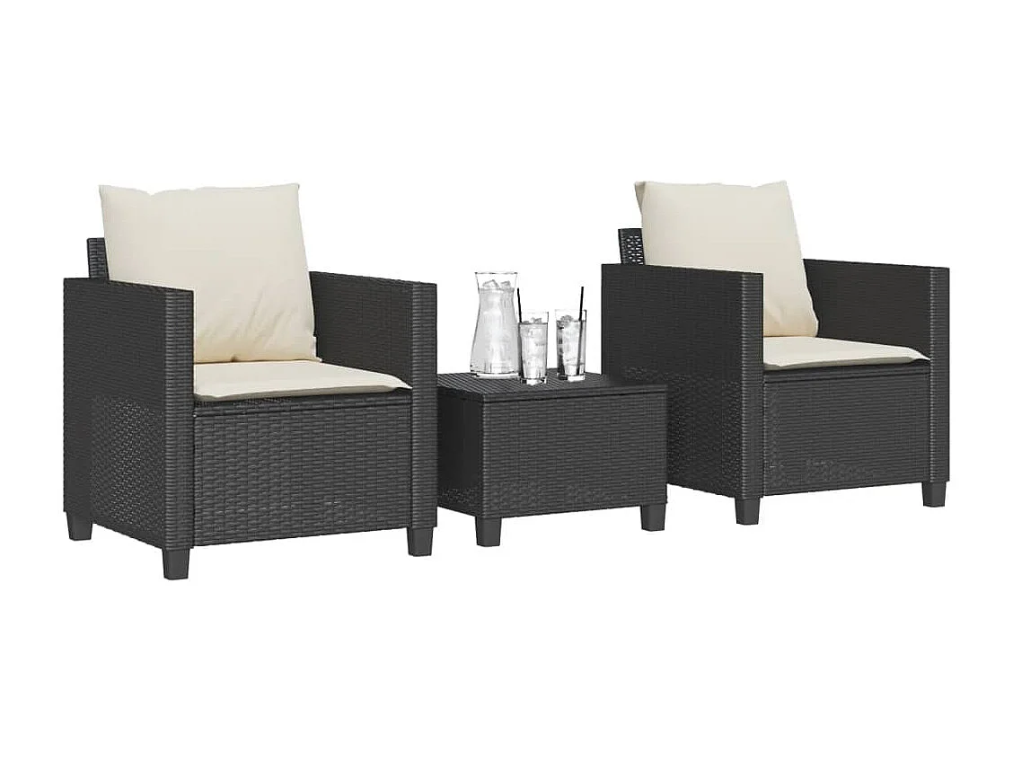 3 pcs conjunto de bistrô com almofadões vime PE preto PT788335