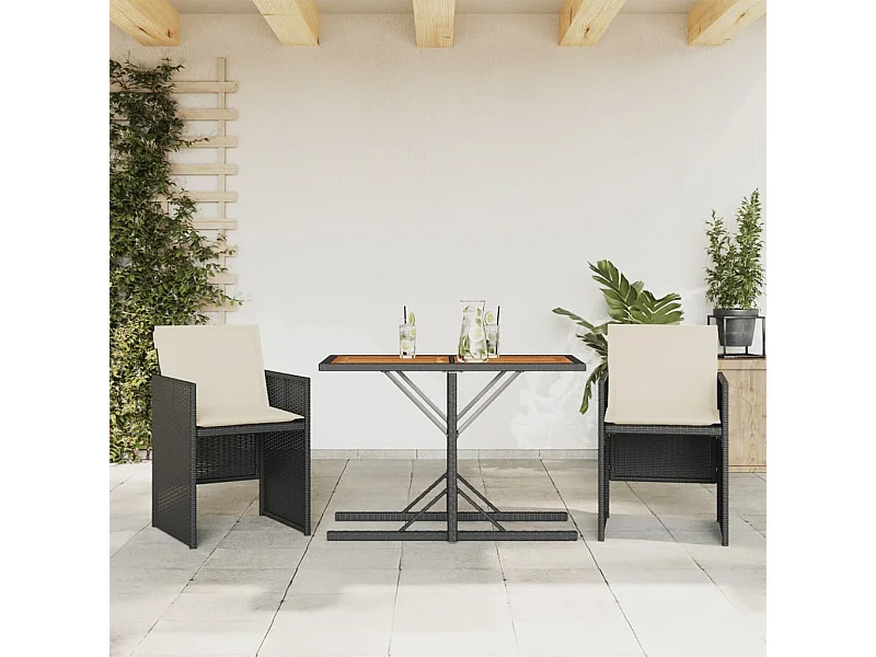Ensemble de bistro 3 pcs avec coussins noir résine tressée FR84048