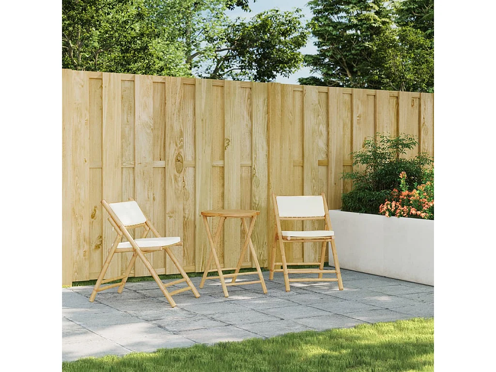 Ensemble de bistro pliante 3 pcs et coussins blanc crème bambou FR25661