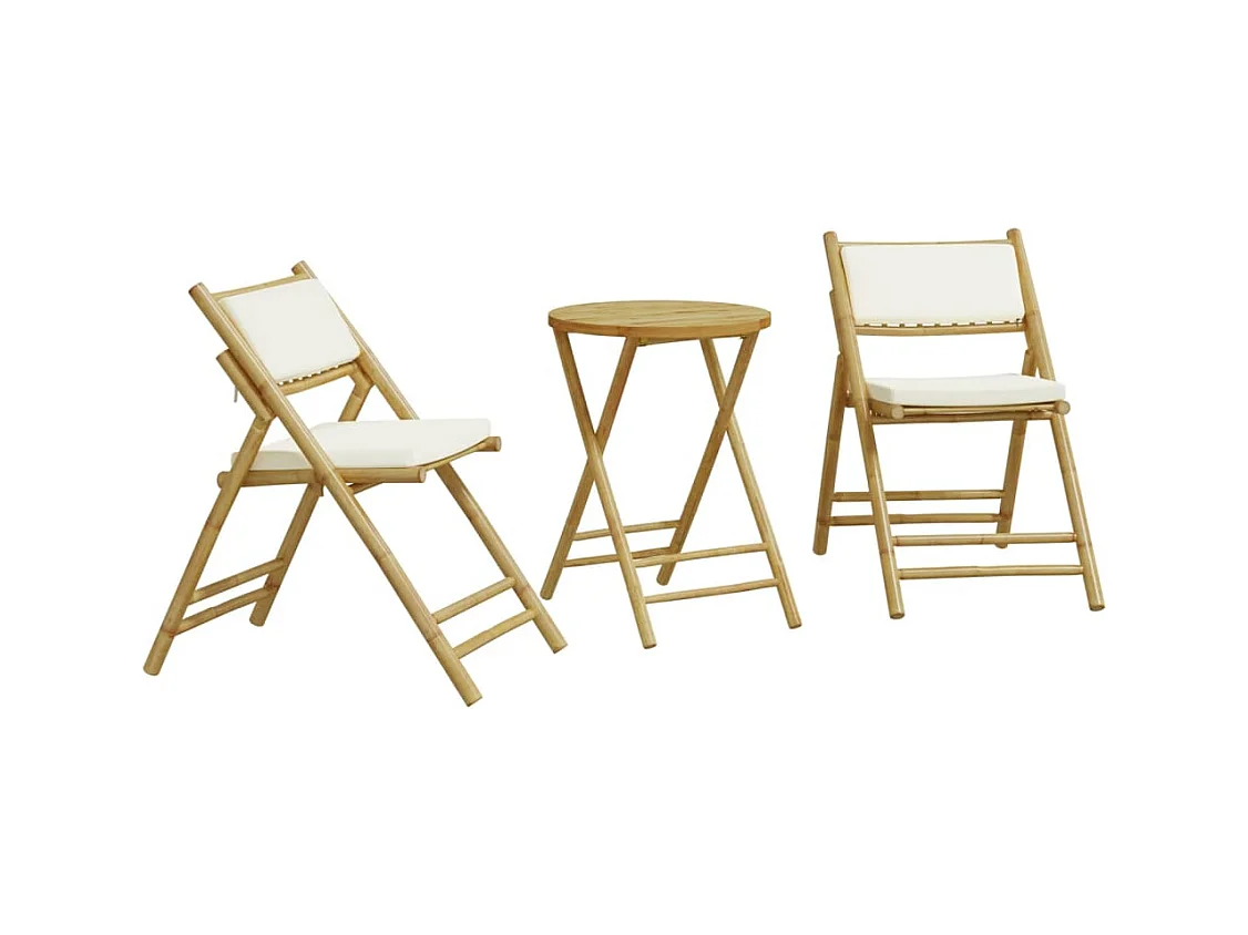 Juego bistró plegable de bambú 3 pzas con cojines blanco crema ES342282