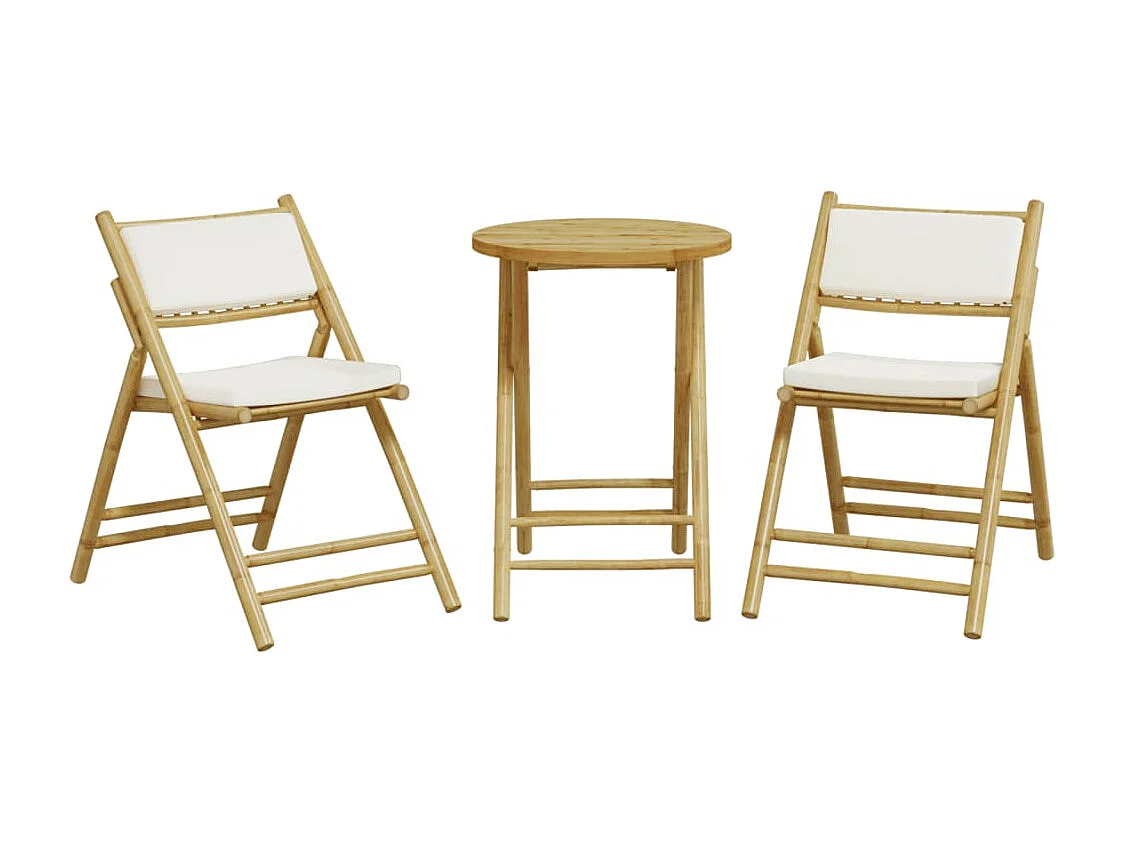Juego bistró plegable de bambú 3 pzas con cojines blanco crema ES342282