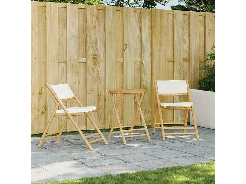 Ensemble de bistro pliante 3 pcs et coussins blanc crème bambou FR25661