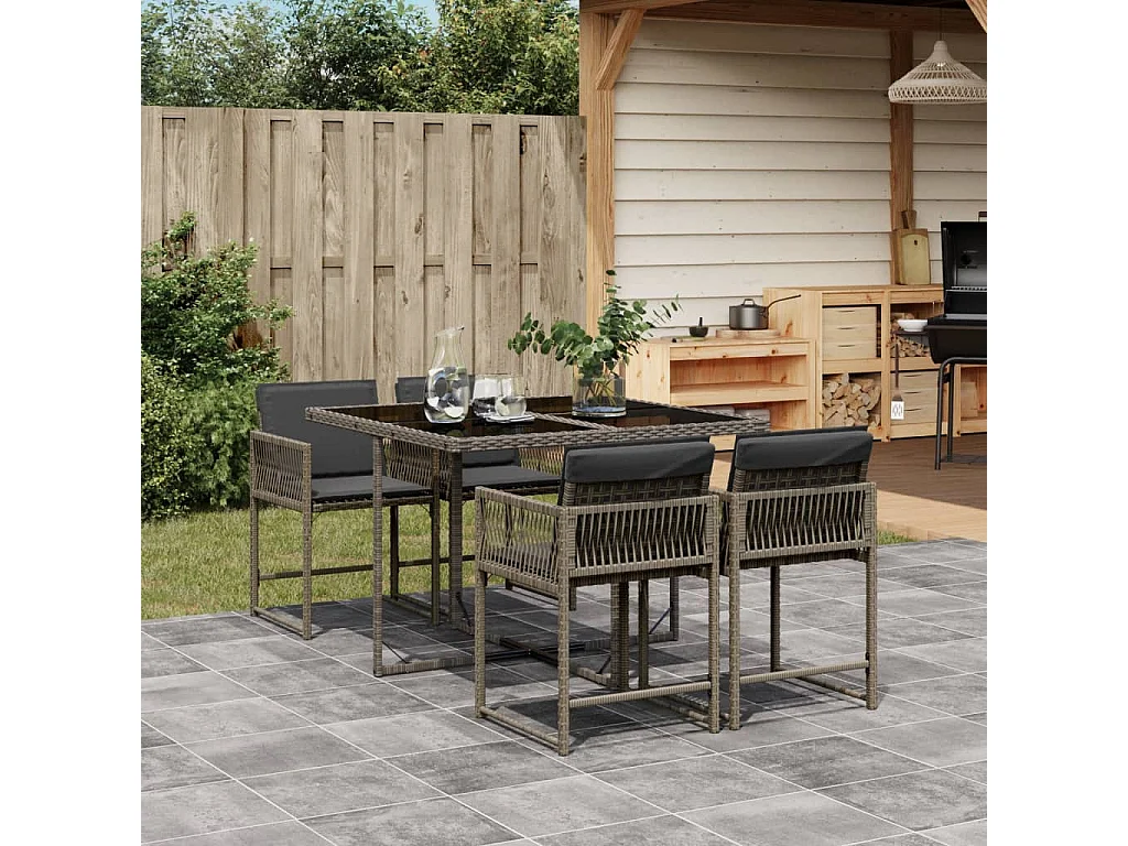 Set comedor de jardín 5 piezas con cojines ratán sintético gris ES575303