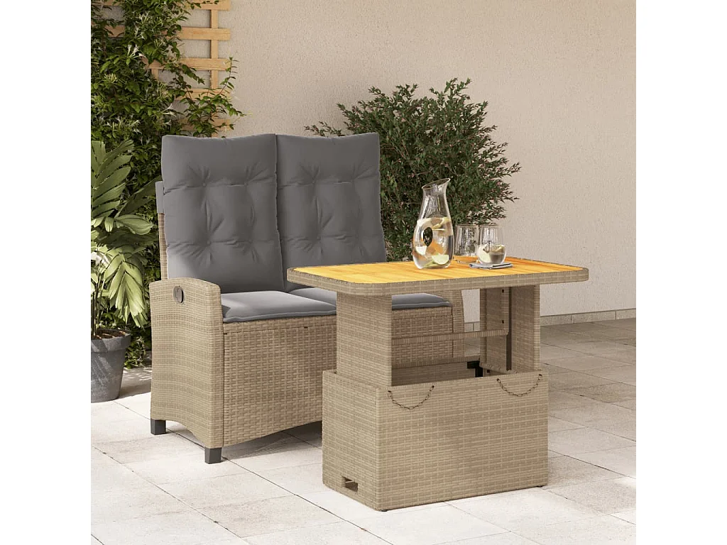 2 pcs conjunto de jantar p/ jardim com almofadões vime PE bege PT768020